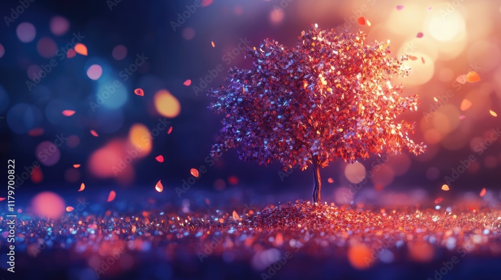 Poster bokeh illuminated tree surrounded by colorful falling leaves and sparkling crystals in a dreamy abst