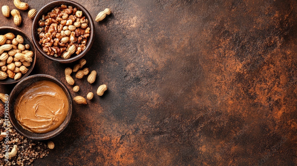 Poster bowls of peanut butter and assorted peanuts on a rustic stone surface with ample copy space for adve