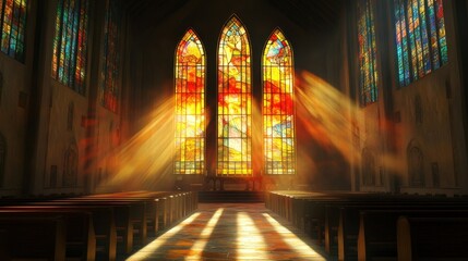 Obraz premium A stained glass window depicting Moses with the Ten Commandments sunlight casting vibrant reflections on the stone floor