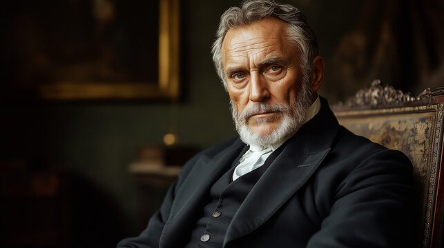  A historical portrait of a statesman from the 19th century, dressed in a formal black suit and cravat, with soft, directional light highlighting the thoughtful expression