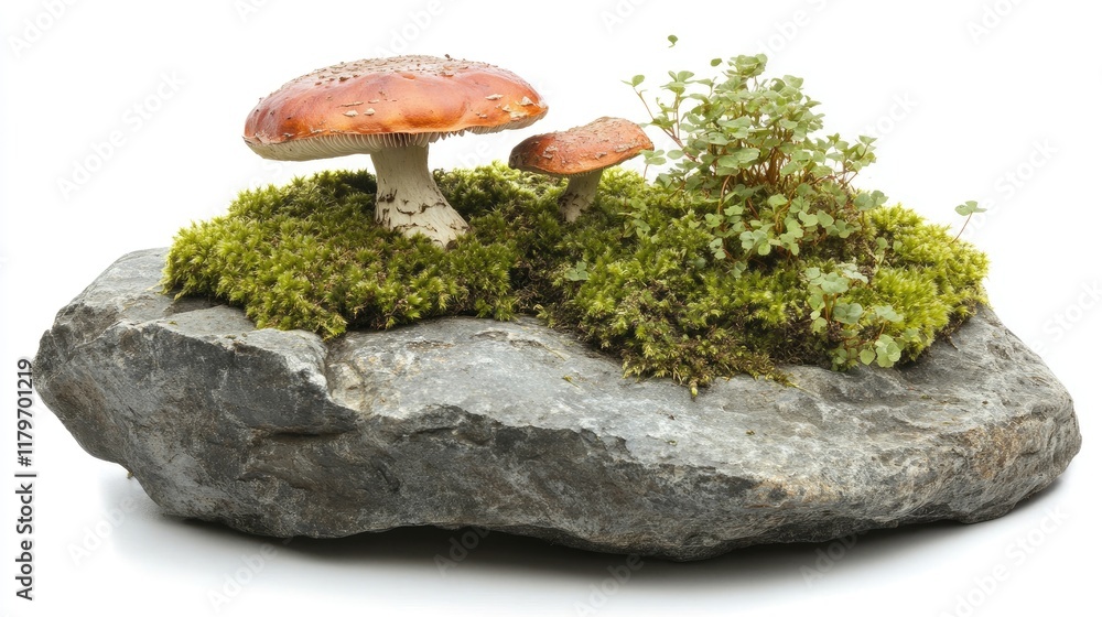 Poster boletus mushrooms with moss on a stone showcasing natural forest elements and textures in a clean ba