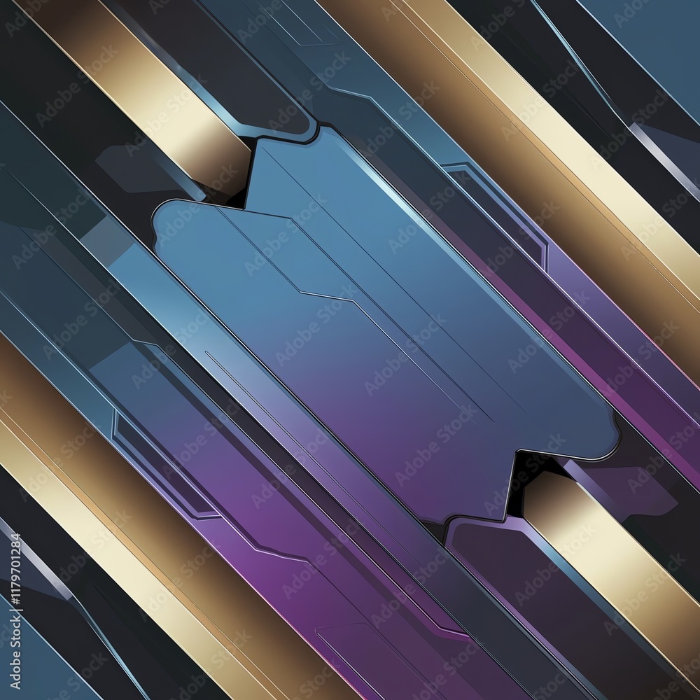 Poster dynamic abstract background featuring layered geometric shapes with metallic gradients in blue and g