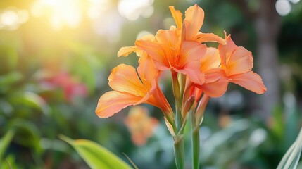 Blooming Canna Lily with vibrant orange flowers in sunny park setting highlighting nature's beauty and delicate details in soft focus.
