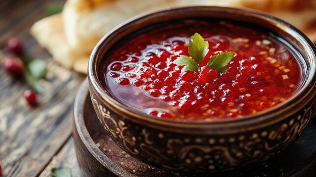Traditional soup served in a decorative bowl topped with red pearls and fresh herbs on a rustic wooden table