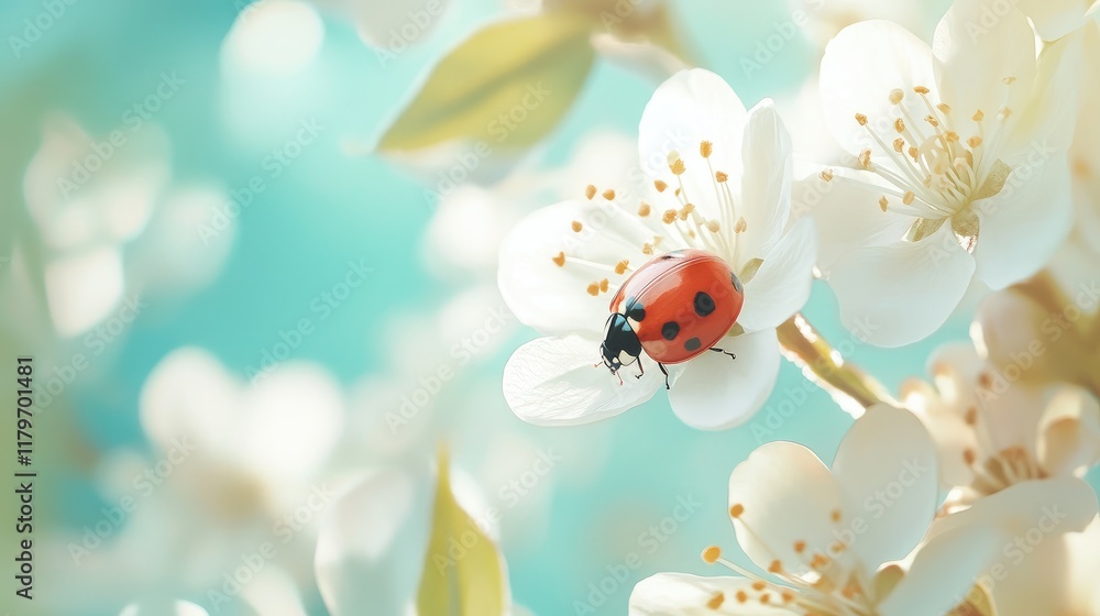 Poster ladybug perched on delicate spring blossoms in a serene nature setting with soft focus and vibrant c