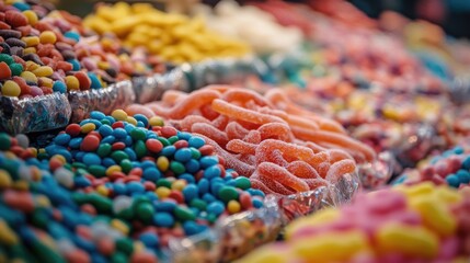 Colorful assortment of candies displayed in market stalls ready for consumption during festive celebrations and parties.