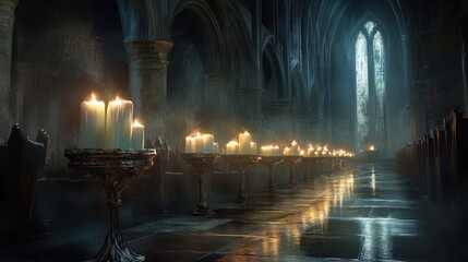 Obraz premium A row of white candles burning softly with light reflecting off the polished stone floor