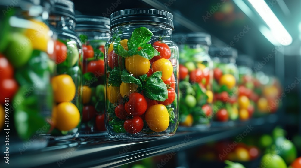 Poster colorful row of glass jars filled with fresh tomatoes and fragrant basil capturing the essence of ru