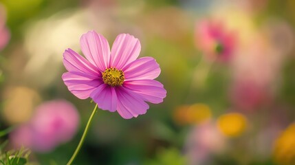 Fototapeta premium Blooming pink cosmos flower in a lush garden setting with vibrant soft-focus background. Nature's beauty in full display.