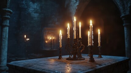 Thin white candles on an iron candelabra reflecting off the marble altar