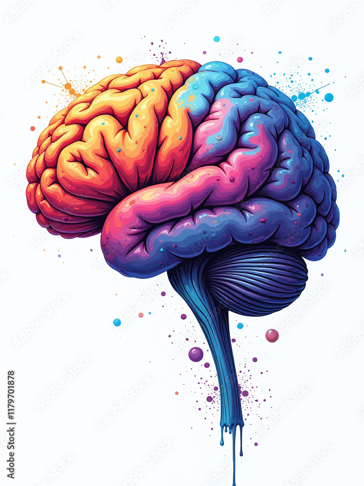 Poster A Colorful Illustration Of A Human Brain Is Painted On A White Background Using Artificial Intelligence Generative Technology. 00003