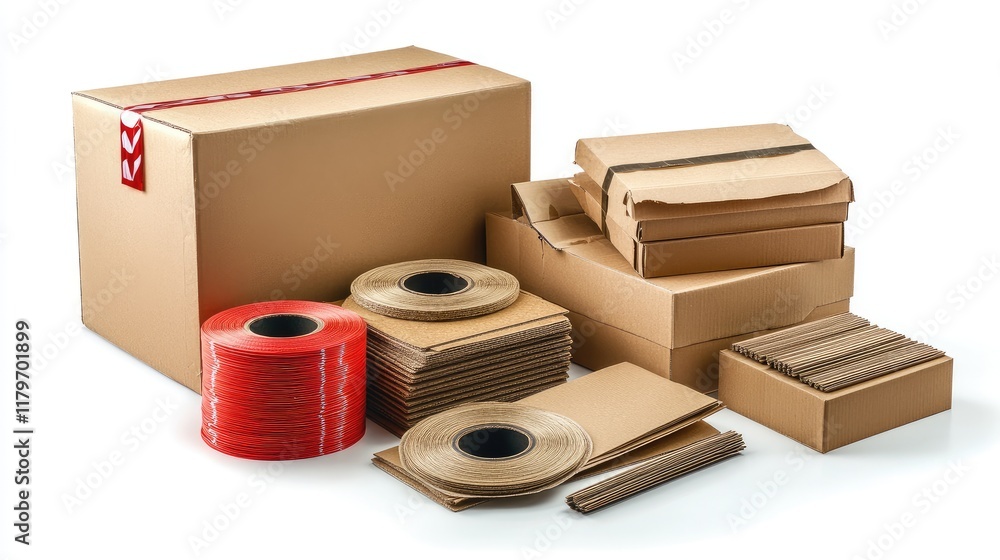 Poster cardboard boxes rolled tape and wrapping paper organized for efficient shipping and packaging soluti