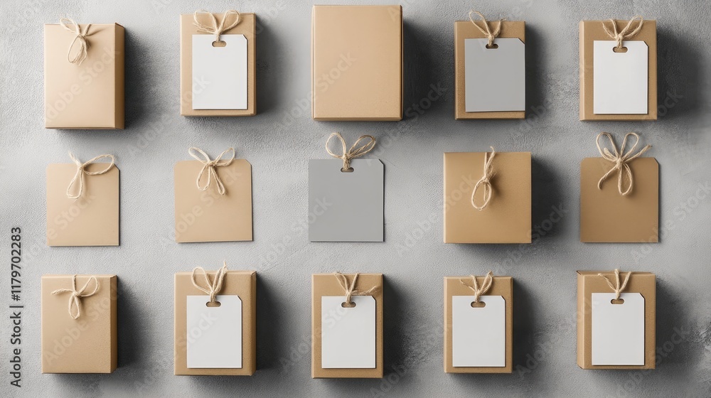 Poster assorted cardboard boxes with blank labels arranged aesthetically on a textured gray background for 