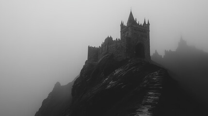 Obraz premium Castle on rock at rainy weather, creepy old or haunted medieval palace in mountains, building with pointed tower roofs under gloomy sky. Fantasy architecture, fortress, Cartoon vector illustration