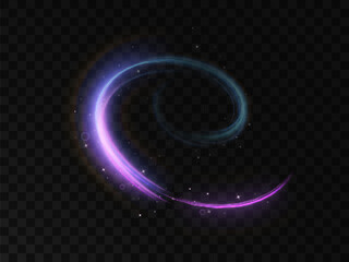 Purple magic light effect in semi circle shape with many sparkling lines with glitter and shimmering shiny light effects. Magic bright lines for web design and game interfaces. Vector