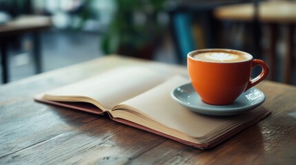 Cozy coffee setup with an open booklet on a wooden table inviting creativity and relaxation in a warm atmosphere