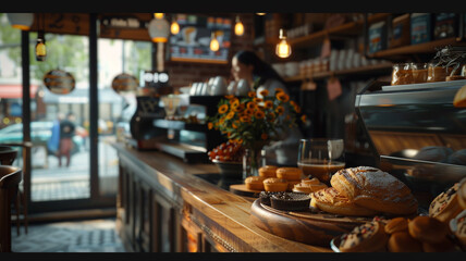 In a small community caf&eacute;, a barista shares the story of fair-trade coffee beans' origins with patrons while showcasing freshly baked goods.