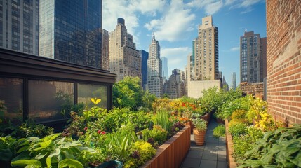 Fototapeta premium Lush rooftop garden amidst towering skyscrapers, blending urban life with nature beauty, featuring vibrant plants and sustainable gardening in the heart of the city.