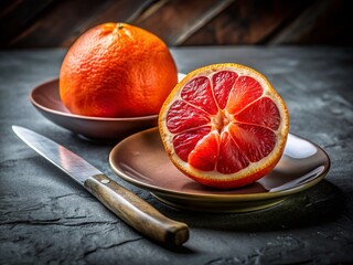 Juicy Red Grapefruit Halved on Grey Plate with Knife - Vibrant Still Life Photography