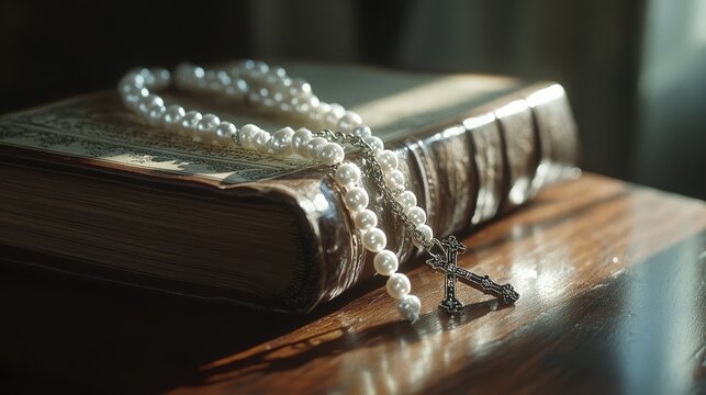 A silver rosary on a Bible sunlight casting reflections on the wooden table below