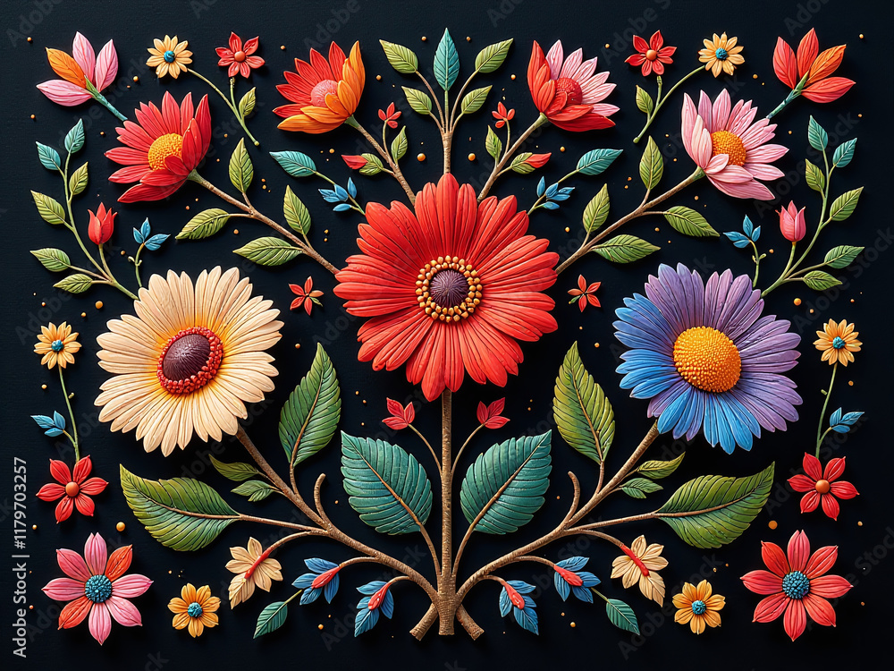 Poster A Colorful Embroidered Textile Pattern Featuring Flowers In Intricate Design On A Simple Black Background. 00002