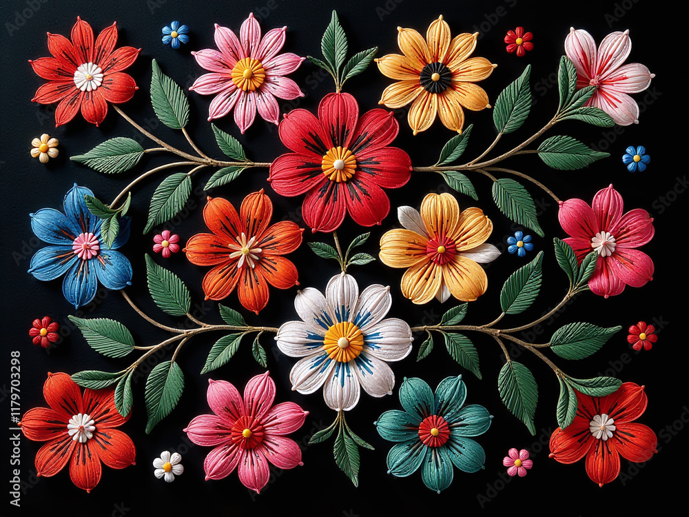 Poster a colorful embroidered textile pattern featuring flowers in intricate design on a simple black backg