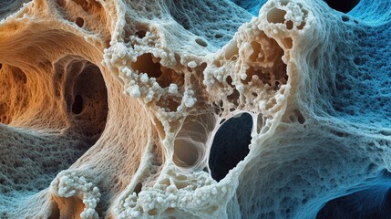 Bone cancer cells in a high-resolution scanning electron micrograph showcasing intricate cellular structures and textures.