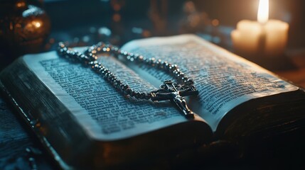 A silver rosary with crystal beads on an open Bible illuminated by soft morning light