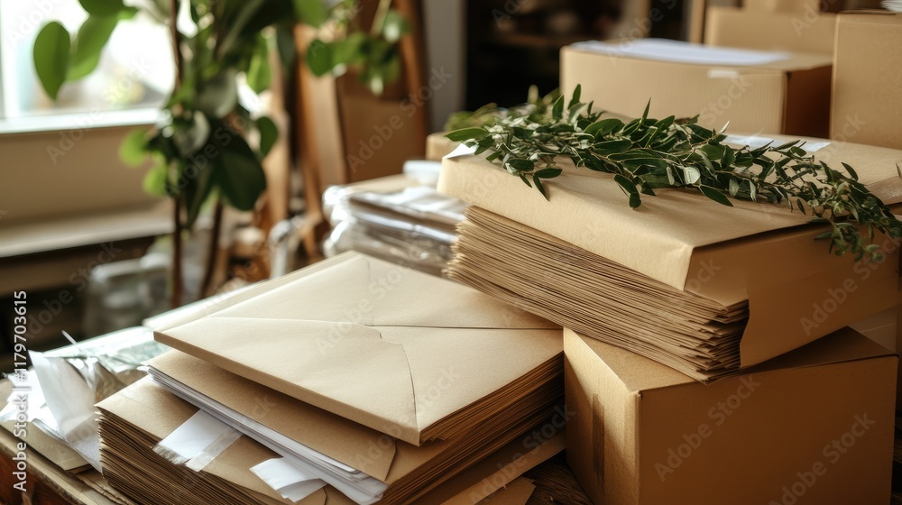 Poster stack of kraft paper envelopes and fresh letter-sized paper on a table surrounded by greenery in a c