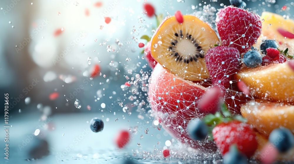 Poster Vibrant Assortment of Fresh Fruits Cascading with Splashes of Clear Water Creating a Refreshing and Invigorating Scene