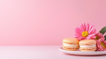 Fresh Macarons on Plate with Pink Flowers and Soft Background