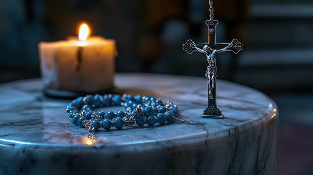 A silver rosary with blue beads on a marble pedestal its crucifix illuminated by soft candlelight