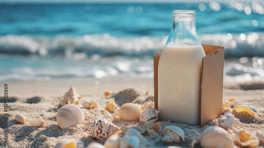Aufkleber milk bottle on sandy beach with seashells and ocean waves in the background offering empty space for