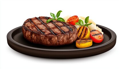 Grilled Steak with Vegetables and Mashed Potatoes on Plate