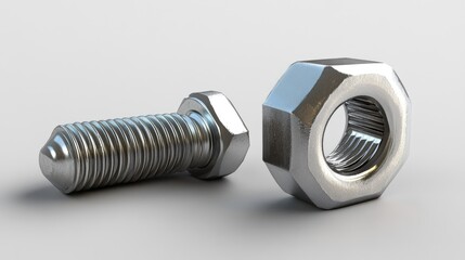 Metal bolt and nut on a neutral background showcasing industrial hardware for engineering and construction applications