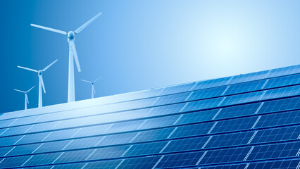 Solar Panels and Wind Turbine on Blue Sky. Clean Energy. Green Energy Technology for Future...
