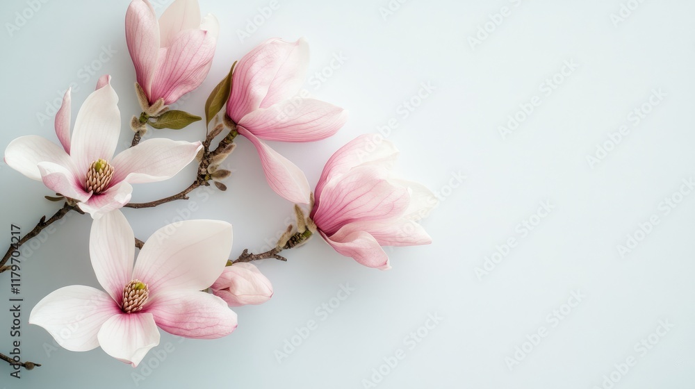 Poster pink magnolia flower arrangement on soft white background with branches displaying delicate petals a