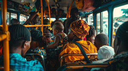 In Nairobi; a crowded matatu moves through the congested streets; where passengers juggle goods; babies; and lively conversation; reflecting the chaotic but essential role of public transport.