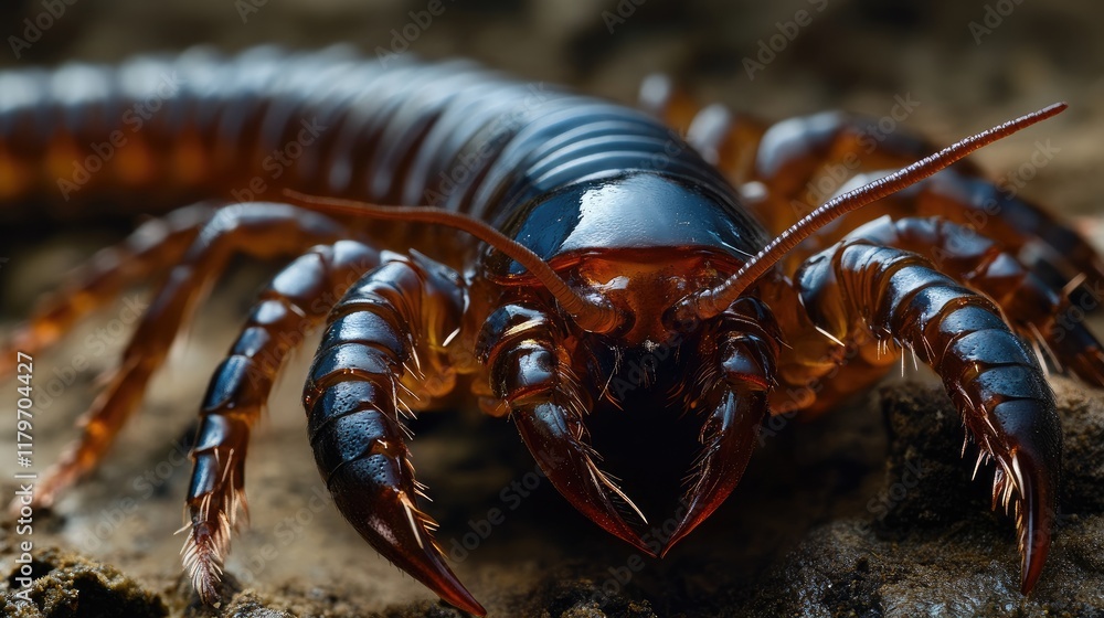 Poster macro close-up of a centipede displaying detailed features on natural background