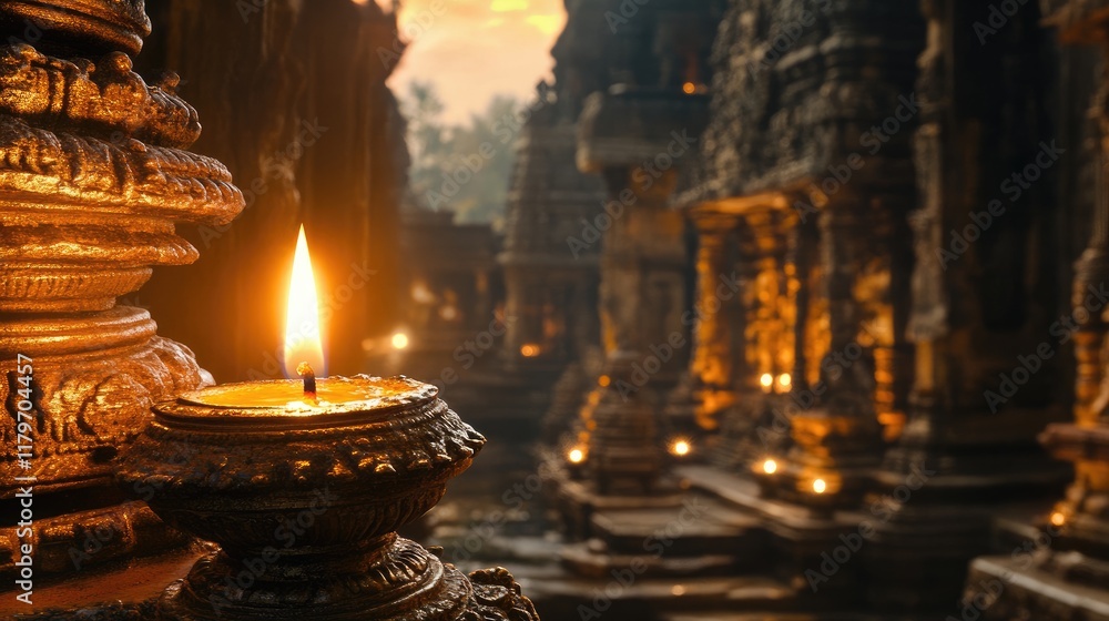 Poster candle flame illuminating ancient temple architecture creating a serene and spiritual atmosphere in 