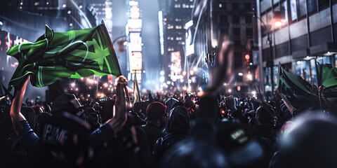 Nighttime Urban Crowd with Green Flags