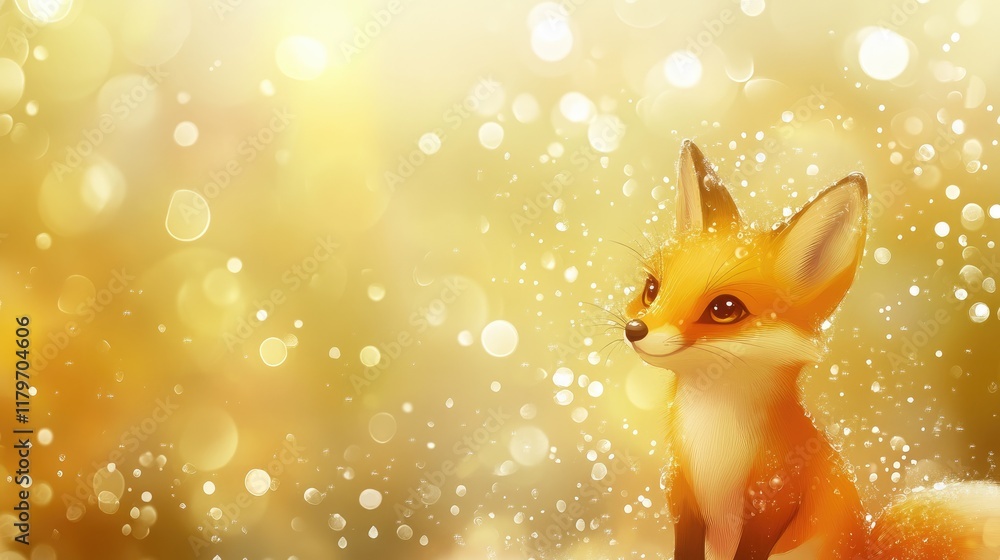Poster whimsical fox illustration surrounded by sparkling light bokeh and dew drops on a warm gold backgrou