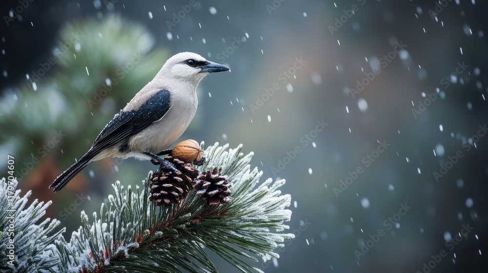 Poster clark's nutcracker bird sitting on a pine branch holding a pine nut in its beak while it rains creat