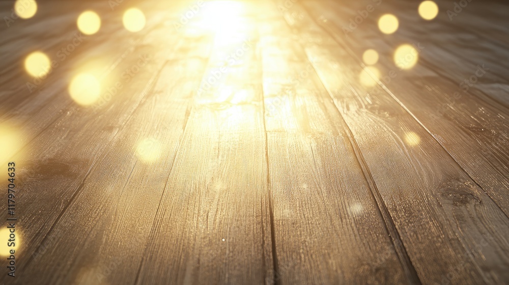 Poster bokeh lights glowing on weathered wooden floor creating a warm inviting atmosphere with ample copy s