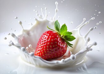 Juicy Strawberry Milk Splash: Close-up of Ripe Berries Bursting in Creamy Delight