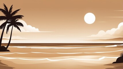 Tropical beach scene featuring palm trees and mountains, rendered in a cinematic matte painting style.