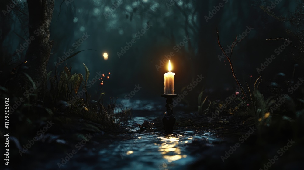 Poster illuminating candle in a mystical dark forest setting reflecting on a stream with glowing orbs in th
