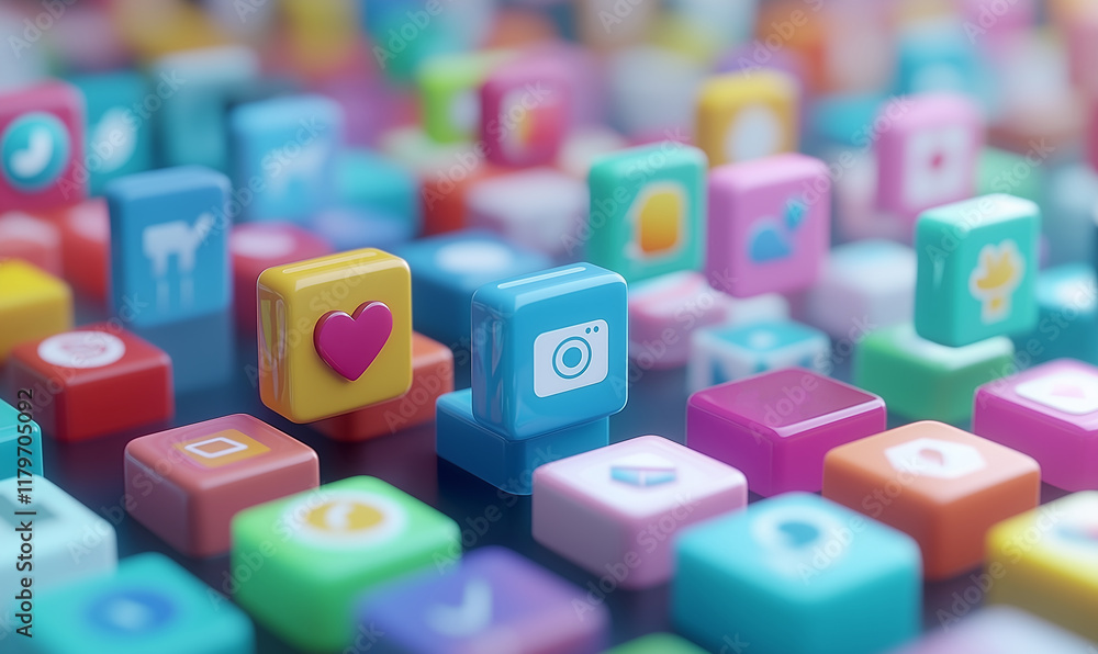 Poster colorful blocks with various icons create a playful and vibrant digital scene, suggesting themes of 