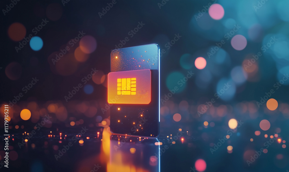 Poster a glowing microchip surrounded by colorful bokeh lights, representing technology and innovation in a