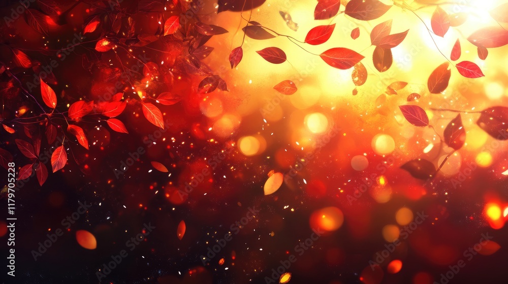 Poster warm bokeh sunlight filtering through autumn leaves creating a dreamy atmospheric background in rich